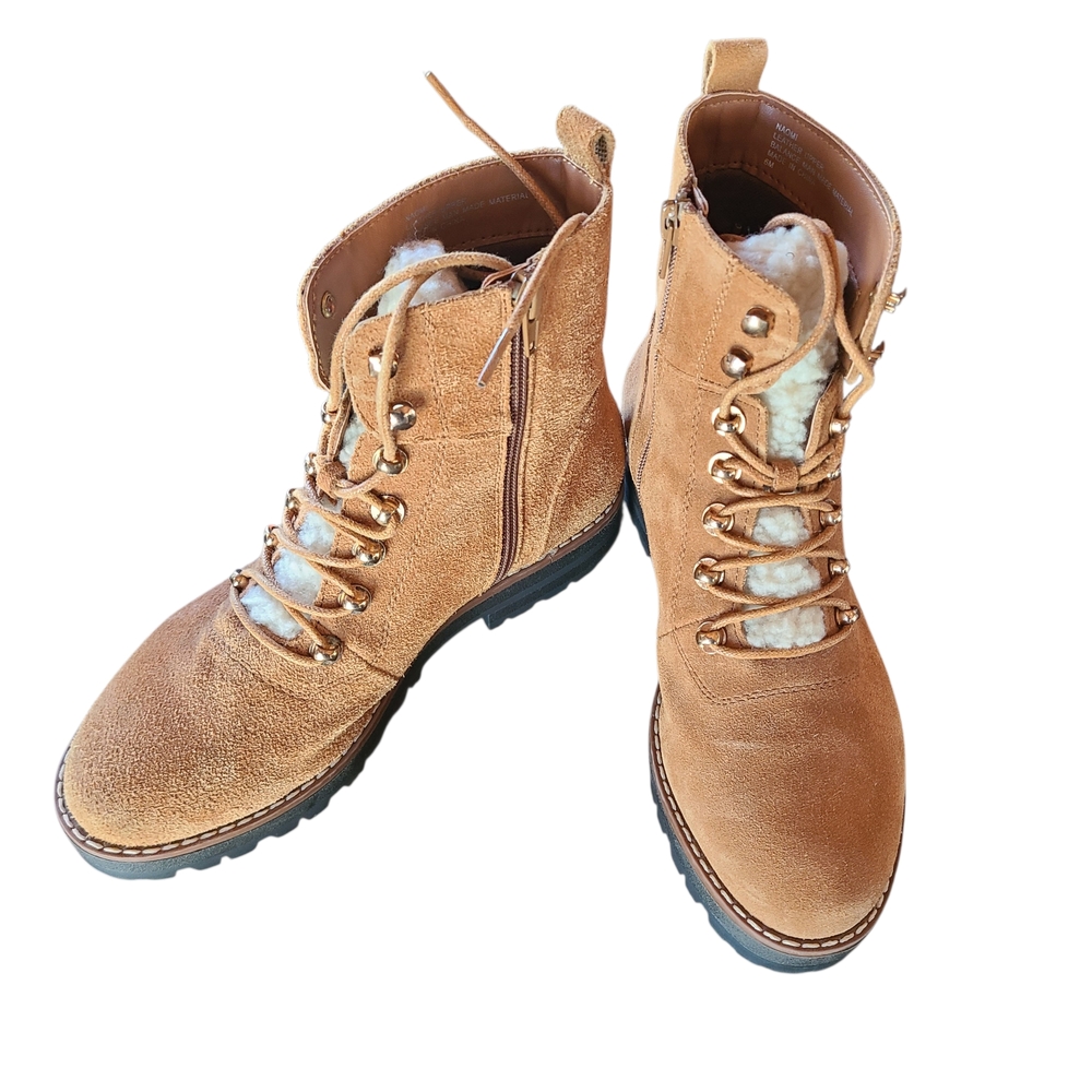 Crown & Ivy NAOMI CognacSuede/Fur Lined Lace Up/Zip AnkleBoots Women's Sz 6